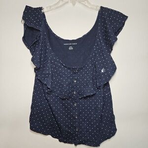 American Eagle Outfitters Blue Ruffle Polka Dot Blouse